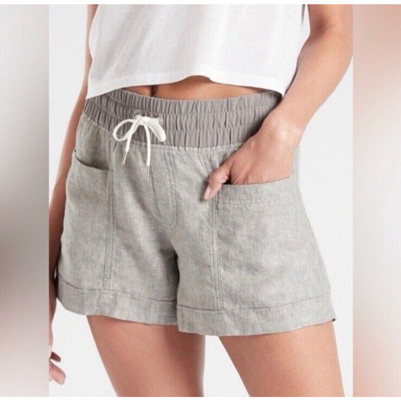 Athleta Shorts 4 Cabo Linen 4” Gray 100% Linen Pull‎ On Drawstring Closure - Picture 1 of 7